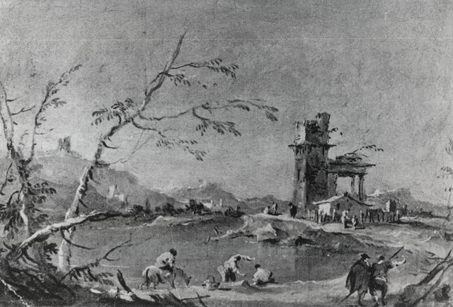 Anonimo — Guardi Francesco - sec. XVIII - Capriccio con torre in rovina, laguna e figure — insieme